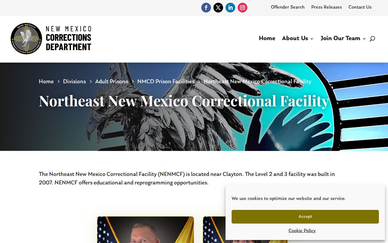 Northeast New Mexico Correctional Facility official offender release contact page