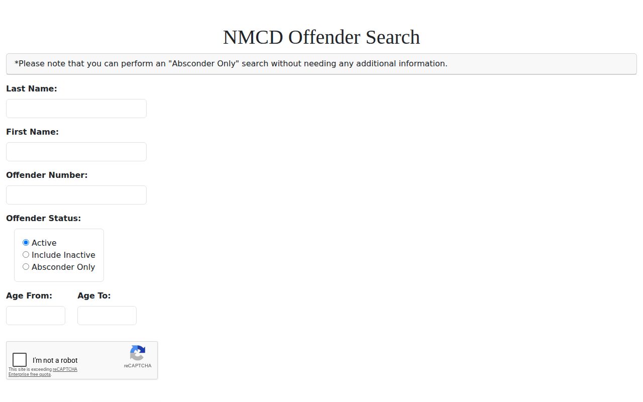 Union County released inmates NMCD search form with Include Inactive