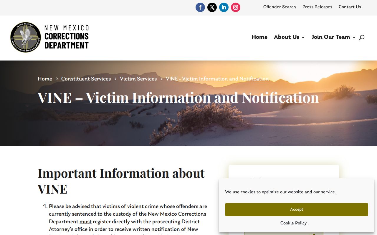 Union County VINELink release alert NMCD service notice